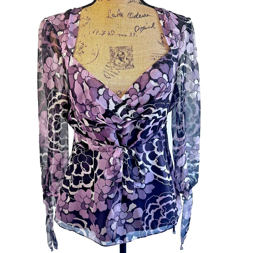 Elie Tahari 100% Silk Purple Floral Sheer Wrap Top Blouse Cami 2pc M Tie Waist